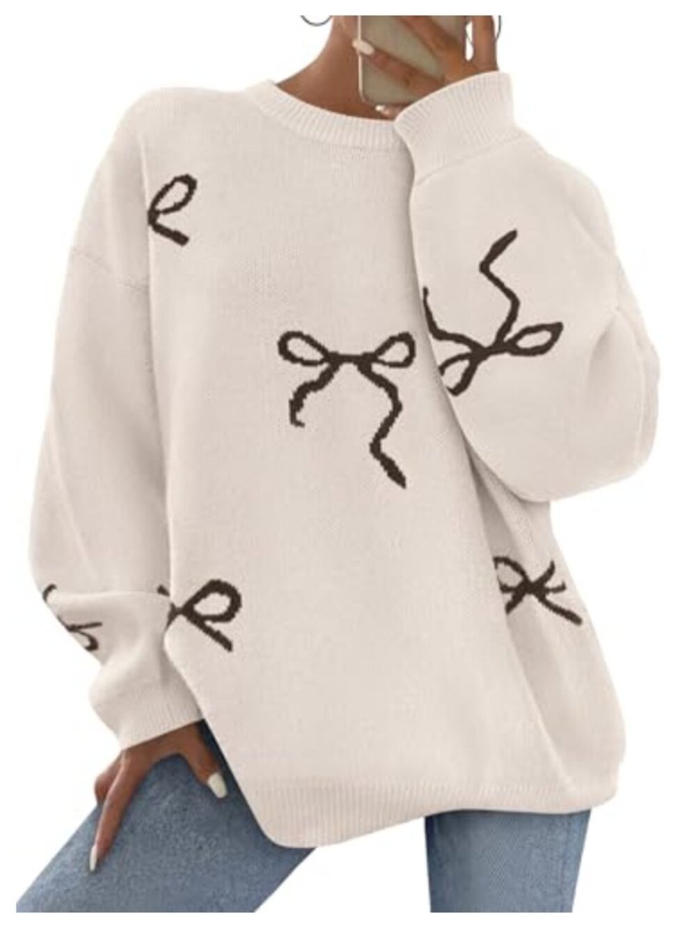 Women's Oversized Chunky Knit Sweater with Cute Bow Print, Crew Neck, Long